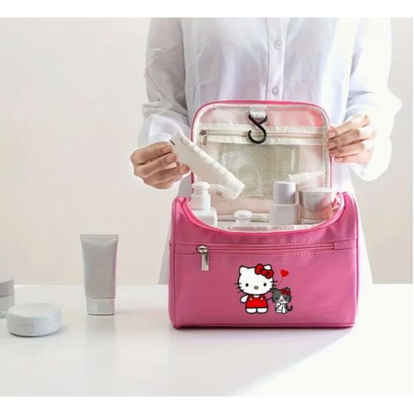 Sanrio Hello Kitty Pink Travel Cosmetic Bag Compartments Hanging Hook - Picture 3 of 10